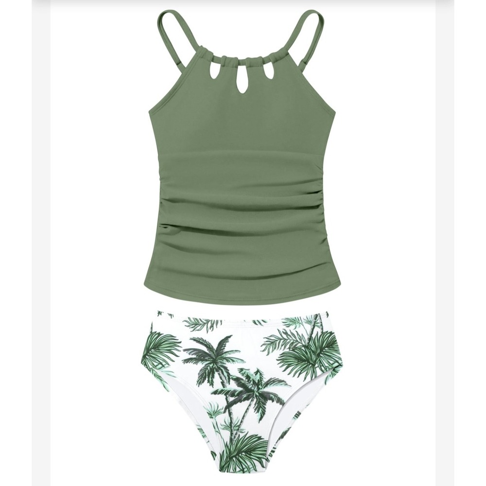 Olive Green Ruched Tankini Set with Palm Tree Print High Waist Bottoms XXL girls
